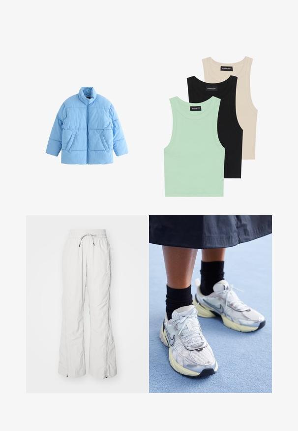 Light blue puffer jacket featuring a high collar, exposed zipper, and two front pockets. The fabric has a smooth, quilted texture.; Three tank tops in mint green, black, and beige; made of ribbed fabric with a round neckline and no sleeves. Brand label visible.; Light grey cargo pants made of textured fabric, featuring an elastic waistband with drawstring, side pockets, and zippers at the ankles.; White and silver Nike sneakers with mesh fabric, reflective accents, and a beige sole. Worn with black socks, standing on a blue surface.