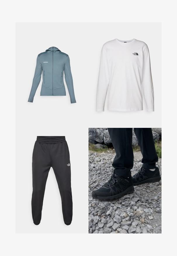 Hætte softshell-jakke i lyseblå med ribbet tekstur, der har frontlommer med lynlås og kontrasterende søm detaljer for tilføjet stil.; Hvid langærmet T-shirt lavet af bomuld med rund hals. Har et lille sort logo på brystet. Glat tekstur, almindelig pasform.; Sorte sweatpants med snor i livet, tætsiddende pasform, elastiske manchetter og et lille hvidt logo på venstre lår, lavet af glat stof.; Sorte udendørssko med mesh og syntetisk materiale, med en tekstureret overdel, sikre snørebånd og en robust ydersål, på klippelandskab.