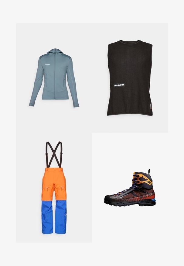 Hætte softshell-jakke i lyseblå med ribbet tekstur, der har frontlommer med lynlås og kontrasterende søm detaljer for tilføjet stil.; Ærmeløs sort top med tekstureret materiale, der har et hvidt "Mammut" logo og et lille rødt accentmærke på siden, rund halsudskæring.; Orange og blå vandtætte bukser med sorte justerbare seler, frontlomme med lynlås og forstærkede knæpaneler til udendørs aktiviteter.; Sort og orange vandrestøvle lavet af mesh og gummimaterialer. Har blå accenter, teksturerede mønstre og en høj ankeludformning for støtte.