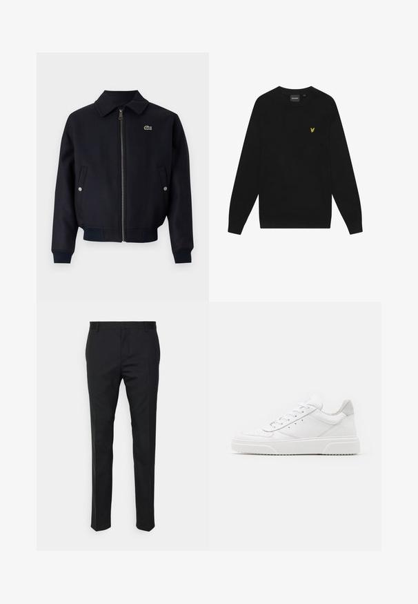 Casaco azul-marinho com fecho e colarinho, punhos canelados, bolsos laterais e um pequeno logotipo verde no lado esquerdo do peito. Tecido texturizado.; Sweatshirt de algodão preto com mangas longas e decote redondo. Apresenta um pequeno logótipo de águia amarela no peito. Textura suave.; Calças pretas sob medida com um corte reto, feitas de um tecido suave. Apresentam passadores de cinto e um detalhe de pregas na parte da frente.; Ténis brancos em pele com acabamento suave, biqueira arredondada, atacadores planos e sola texturizada. Acento em camurça cinza na parte do calcanhar.