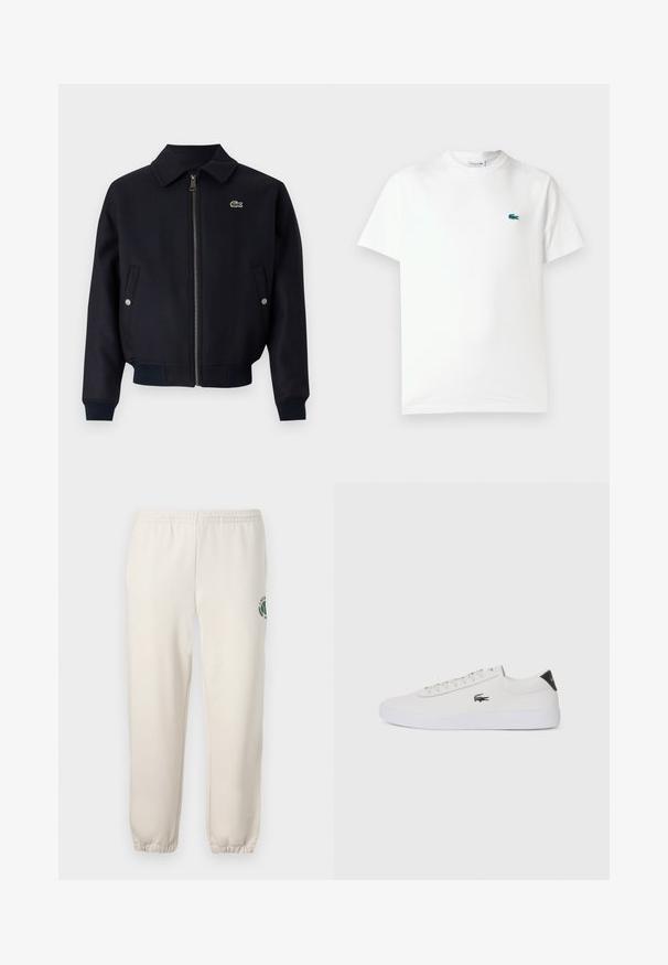 Marineblaues Zip-Jackett mit Kragen, gerippten Bündchen, Seitentaschen und einem kleinen grünen Logo auf der linken Brust. Strukturierter Stoff.; Weißes Baumwoll-T-Shirt mit Rundhalsausschnitt, kurzen Ärmeln und einem kleinen grünen gestickten Krokodil-Logo auf der linken Brust.; Helle beige Sweatpants aus Baumwolle mit einem elastischen Bund, gerippten Bündchen und einem grünen Logo mit Blattdesign am linken Bein.; Weiße Leder-Sneaker mit runder Spitze, Schnürung und schwarzem Fersenakzent. Verfügt über ein kleines gesticktes Krokodillogo an der Seite.