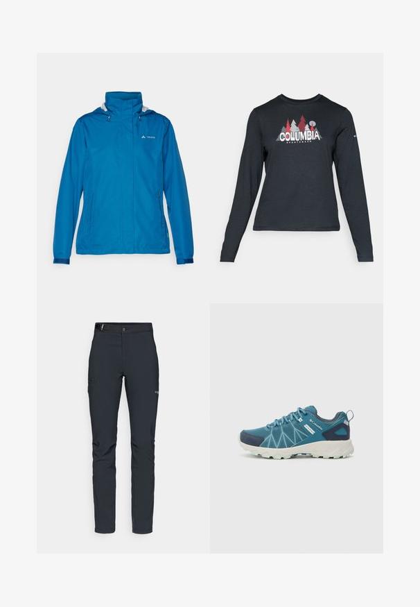 Blue waterproof jacket with a high collar, adjustable hood, zippered pockets, and elastic cuffs. Smooth texture and minimalist design.; Long-sleeve dark gray shirt with a graphic of red trees and mountains; "COLUMBIA" logo in bold white text. Soft fabric, standard crew neck.; Men's outdoor pants, dark gray, made from flexible material, featuring a belt, zippered pockets, and reinforced stitching.; Columbia PEAKFREAK™ II OUTDRY™ - Hiking shoes - blue heron/skylight