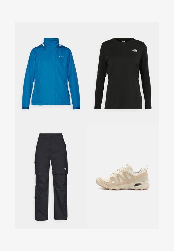 Blue waterproof jacket with a high collar, adjustable hood, zippered pockets, and elastic cuffs. Smooth texture and minimalist design.; Black long-sleeve t-shirt made of cotton with a round neck. Features a small white logo on the left chest area. Simple design and fit.; Black nylon zip-off cargo trousers with adjustable cuffs, multiple pockets, and a logo on the right leg. Smooth, lightweight texture.; Beige and cream athletic shoe with textured mesh upper, supportive overlays, and rubber outsole featuring a tread pattern for traction.