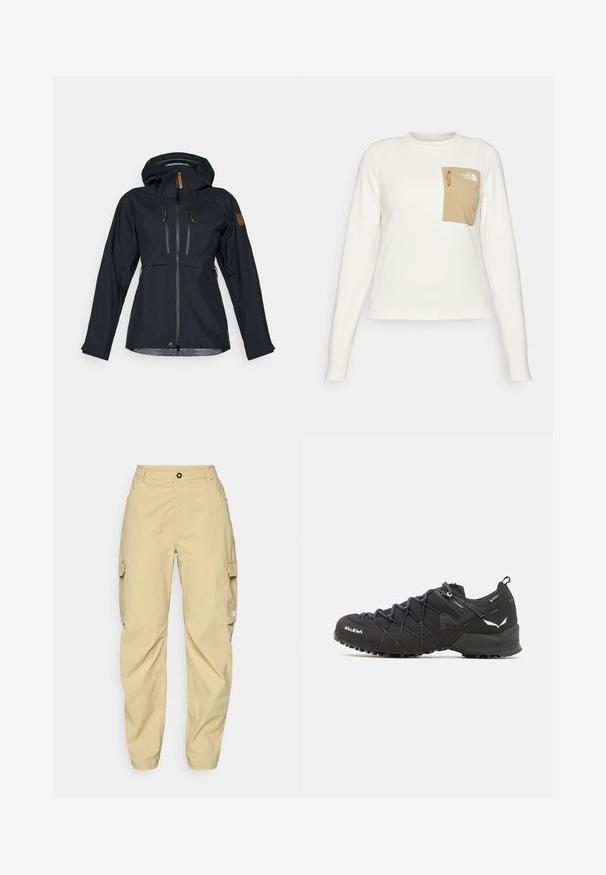 Black waterproof jacket featuring a hood, two zippered chest pockets, and zippers with brown leather pulls. Smooth texture with adjustable cuffs.; White long-sleeve shirt made of textured fabric with a beige patch pocket featuring a drawstring and logo.; The North Face EXPLORATION CARGO PANTS - Outdoor trousers - khaki stone; Black hiking shoes with a textured fabric upper, lacing system, and rugged rubber sole. Accented with reflective details and logos.