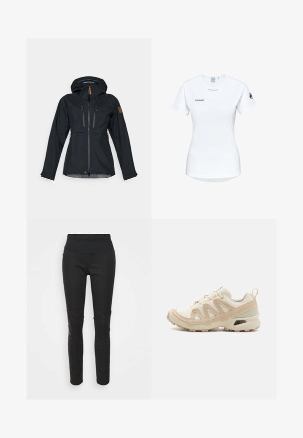 Zwarte waterdichte jas met een capuchon, twee met rits gesloten borstzakken en ritsen met bruine leren trekjes. Soepele textuur met verstelbare manchetten.; Korte mouwen witte sportshirt met een ronde halslijn, voorzien van een logo op de borst en een gladde, lichte stoftextuur.; Zwarte atletische legging met een hoge tailleband, een gladde textuur, logo-detailles en accenten in de zijpanelen voor extra visueel belang.; Beige en crème sportschoen met een textuur-mesh bovenwerk, ondersteunende overlays en een rubberen zool met een profielpatroon voor grip.