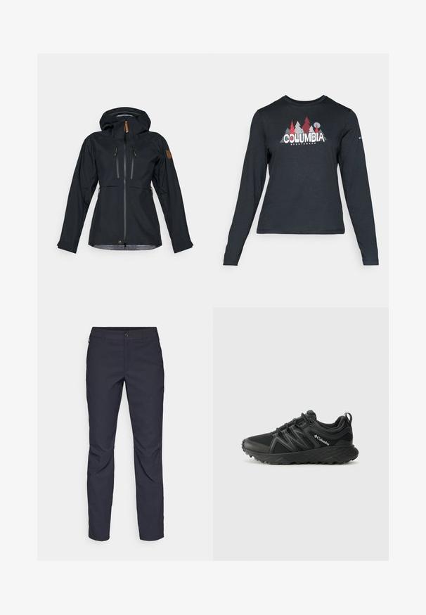 Schwarze wasserdichte Jacke mit Kapuze, zwei mit Reißverschluss versehenen Brusttaschen und Reißverschlüssen mit Ziehriemen aus braunem Leder. Glatte Textur mit verstellbaren Bündchen.; Dunkelgraues Langarmshirt mit einem Grafikdesign von roten Bäumen und Bergen; das "COLUMBIA"-Logo in fett weißer Schrift. Weicher Stoff, klassischer Rundhalsausschnitt.; Marineblaue Hose aus glattem Stoff mit einem vorderen Knopfverschluss, schlankem Schnitt und gefalteten Details an den Knien.; Columbia PEAKFREAK - Hikingschuh - black