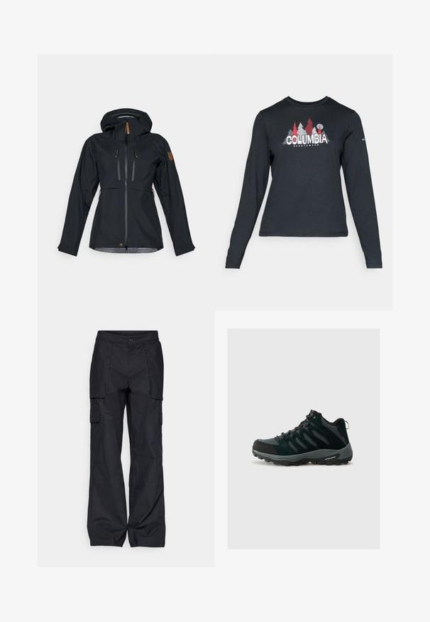 Must jälgimiskindel jakk, millel on kapuuts, kaks tõmblukuga rinnataskut ja pruunist nahast tõmburid. Sujuv tekstuur ja reguleeritavad mansetid.; Pikend varrukatega tumehall särk, millel on punaste puude ja mägede graafika; "COLUMBIA" logo julge valge tekstiga. Pehme kangas, tavaline ümmargune kaelus.; Columbia BREA FALLS™ COTTON RIPSTOP PANT - Õuepüksid - black; Columbia REDMOND - Matkajalatsid - black/citron haze