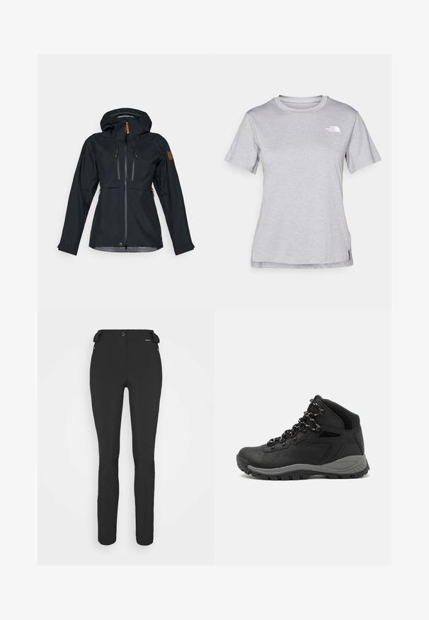Schwarze wasserdichte Jacke mit Kapuze, zwei mit Reißverschluss versehenen Brusttaschen und Reißverschlüssen mit Ziehriemen aus braunem Leder. Glatte Textur mit verstellbaren Bündchen.; Graues T-Shirt mit kurzen Ärmeln aus weichem, feuchtigkeitsableitendem Stoff. Hat einen Rundhalsausschnitt und ein kleines weißes Logo auf der oberen linken Seite.; Schwarze, enganliegende Hosen aus einem flexiblen Material. Zu den Merkmalen gehören eine seitliche Reißverschlusstasche, vorgeformte Knie und eine glatte Textur.; Schwarzer Wanderstiefel mit einem mittelhohen Design, ausgestattet mit einer strukturierten Oberfläche, grauen Akzenten und einer robusten Gummisohle mit Profilstollen.