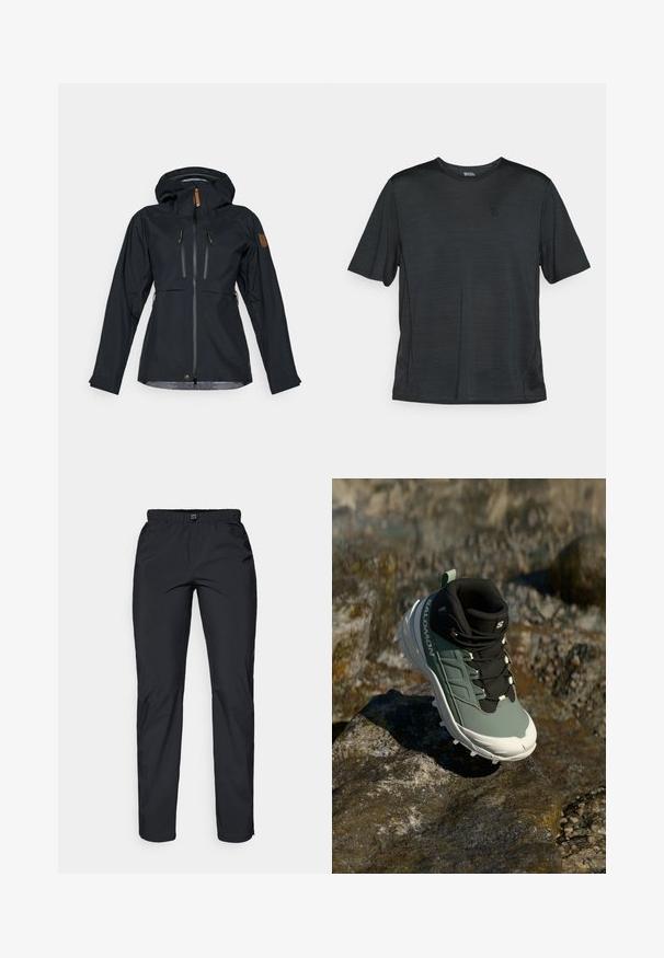 Juodas vandeniui atsparus švarkas su gobtuvu, dviem užtrauktukais uždaromomis krūtinės kišenėmis ir užtrauktukais su rudos odos trauklėmis. Lygus audinys su reguliuojamais rankogaliais.; Juodas trumpas rankovėmis sportinis marškinėliai, pagaminti iš lengvo, drėgmės sugeriančio audinio. turi apvalų kaklą ir mažą logotipą krūtinės srityje.; Juodos, lengvos, vandeniui atsparios kelnės su elastinga juosta ir dviem šoninėmis kišenėmis; lygus paviršius; tiesus kelnių dizainas.; Taktiškai bėgimo bateliai žaliai juodos spalvos, su tekstūruotu paviršiumi, guminiais padais, sustiprintu pirštų apsaugos dangteliu ir raištelių dizainu. Šone yra prekės ženklas.