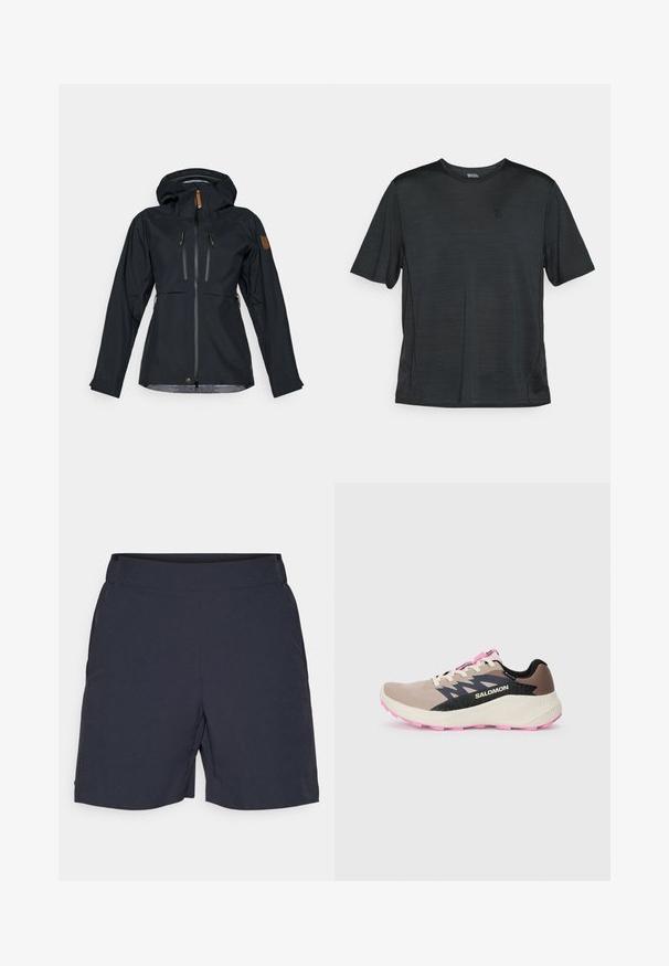 Czarna wodoodporna kurtka z kapturem, dwoma zamykanymi na zamek kieszeniami na klatce piersiowej oraz zamkami z brązowymi skórzanymi uchwytami. Gładka tekstura z regulowanymi mankietami.; Czarny krótki rękaw koszulka sportowa z lekkiego, odprowadzającego wilgoć materiału. Posiada okrągły dekolt i małe logo na klatce piersiowej.; Ciemnogranatowe szorty wykonane z gładkiego, lekkiego materiału, z płaskim pasem i kieszeniami bocznymi, zaprojektowane dla komfortu i swobody ruchów.; Beżowe i różowe buty biegowe Salomon z czarnym logo i akcentami wzorniczymi, kremową podeszwą środkową i różową podeszwą zewnętrzną, widziane z boku na jednolitym tle.