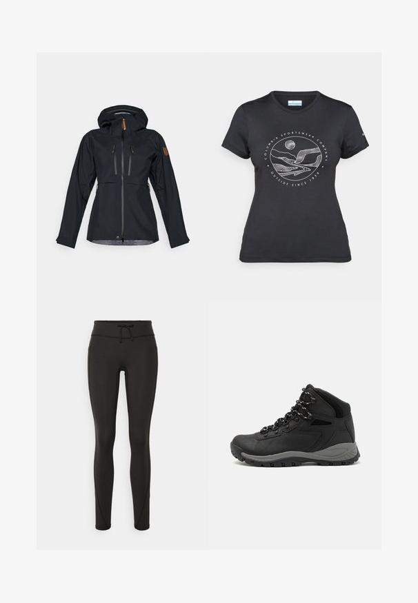 Veste noire imperméable avec capuche, deux poches poitrine zippées et zips avec tirettes en cuir marron. Texture lisse avec des poignets ajustables.; T-shirt noir Columbia avec un dessin linéaire blanc de montagne et de rivière en cercle et le texte "Columbia Sportswear Company À l'extérieur depuis 1938."; Leggings noirs avec une taille haute, cordon de serrage, texture lisse et design ajusté. Caractéristiques de détails de couture le long des côtés.; Botte de randonnée noire au design mi-haut, avec un dessus texturé, des accents gris et une semelle en caoutchouc durable avec des crampons de traction.