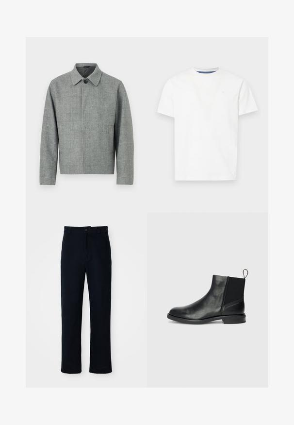 Hallengri tikkidega jakk kraega, esine nupuvajutusega, pikad varrukad ja struktureeritud lõige. Valmistatud tekstuurses kangas, millel on muster.; Valge lühikeste varrukatega T-särk, mis on valmistatud puuvillast. Omab ümarat kaelust, millel on sinine sisetikk ja õrn tikand logoga rinna peal.; Tumed sinelased püksid puuvillast, sirge lõikega, eesnupu sulgemisega ning klassikalise vöökohaga, kus on vööaasad.; Mustad mustad nahast pahkluu saapad elastsete külgpaneelidega, ümar nina, madal ploki konts ja tagumisel küljel tõmblukk mugavaks selga panemiseks.