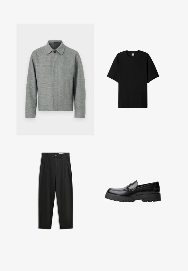 Harma ruuduline jakk, millel on krae, esipaneeliga nööbid, pikad varrukad ja struktureeritud lõige. Valmistatud tekstuuriga kangast, millel on muster.; Musta ribbitty lyhythihainen t-paita, jossa on pyöreä kaula-auko ja rento istuvuus sekä teksturoitu pinta. Yksinkertainen muotoilu; ei grafiikoita tai korostuksia.; Mustat puuvillahousut rentoa mallia, joissa on klassinen vyötärö, etukangastukset ja sivutaskut. Sileä pinta ilman kuvioita.; Musta nahkainen loaferi, jossa on paksu urheilupohja ja koristeellinen hihna yläpääkkeellä, esitettynä vasemman sivuprofiilin kuvassa valkoista taustaa vasten.
