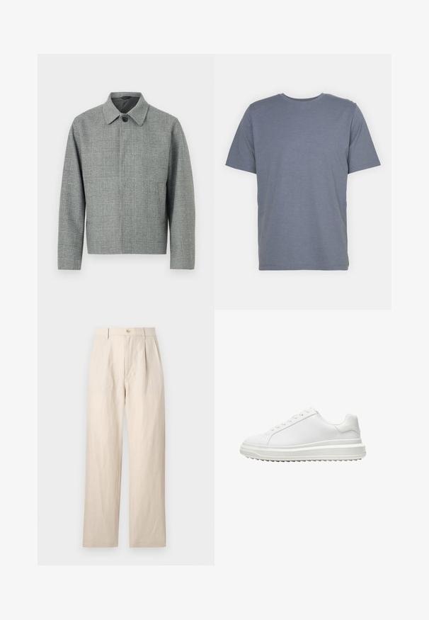 Szürke kockás dzseki, gallérral, elülső gombos záródással, hosszú ujjal és strukturált fazonnal. Texturált szövetből készült, mintás kialakítással.; Szürke, rövid ujjú póló, kerek nyakkal, puha pamut keverékből készült. Egyszerű dizájn, minta vagy díszítés nélkül.; Beige vászonnadrág laza fazonban, lapos elülső résszel, egy gombos záródással és két zsebbel. A gyűrött textúra részletességet ad.; Fehér edzőcipő sima szintetikus felsőrész, kerek orr, lapos fűzők, texturált talp és réteges, platform dizájn a magasabb megjelenés érdekében.