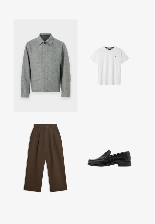 Harma ruuduline jakk, millel on krae, esipaneeliga nööbid, pikad varrukad ja struktureeritud lõige. Valmistatud tekstuuriga kangast, millel on muster.; Valkoinen puuvillapaita, jossa on lyhyet hihat, pyöreä pääntie ja tummansininen ristisilhuetti vasemmassa rinnassa. Sisäkauluksessa on kuviollinen kohtaus.; Ruske pleated hlače s širokim nogavicami, ki imajo gumbasto zapiranje in stranske žepke, narejene iz teksturiranega materiala, primernega za sproščeno nošenje.; Musta nahkayksilöinen loafersi, jossa on sileä pinta, ommellut yksityiskohdat varpaisiin ja matala kanta mukavuutta ja tyyliä varten.