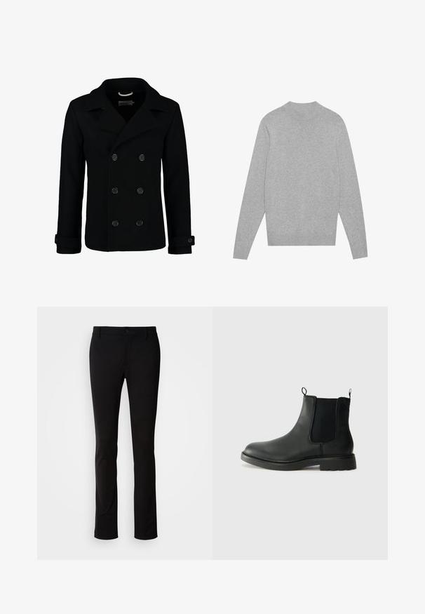 Zwarte dubbelbreasted peacoat van wol, met een notch-kraag, grote knopen en oprolbare mouwen. Glad textuur met een getailleerde pasvorm.; Lichtgrijze langarm crewneck sweater met ribbelkraag, manchetten en zoom, plat gelegd op een witte achtergrond.; Zwarte broek van gladde stof, voorzien van een knoopsluiting, riemlussen en een rechte pijp. Geen zichtbare patronen of accenten.; Zwarte leren chelsea boots met elastische zijpanelen, trekflappen, ronde neus en een gegoten rubberen zool. Gladde oppervlakte en stevige constructie.