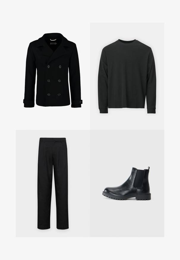 Schwarzer doppelt geknöpfter Peacoat aus Wolle, mit einem Reverskragen, großen Knöpfen und umgeschlagenen Manschetten. Glatte Textur mit taillierter Passform.; Langärmliges schwarzes T-Shirt aus Baumwolle, mit Rundhalsausschnitt, lockerer Passform und gerippten Bündchen. Weiche Textur ohne sichtbare Muster.; Schwarze Hose aus glattem Stoff, mit geradem Bein Design, zwei vorderen Falten und einem Standardbund mit Gürtelschlaufen.; Schwarze Leder Chelsea-Boots mit elastischen Seiteneinsätzen, runder Zehenform und gummierter Profilsohle. Minimalistisches Design mit einer Zuglasche.
