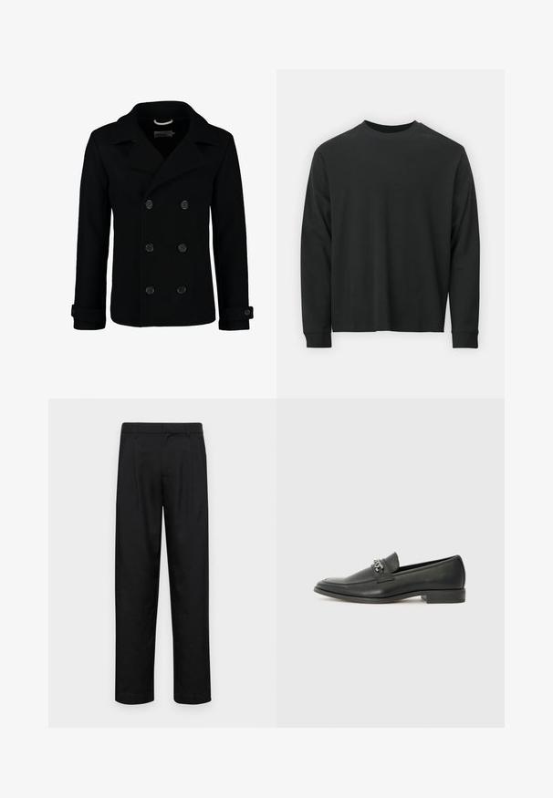 Crni dvoredni peacoat od vune, s oštrim kragnom, velikim dugmadi i zavrnutim manžetama. Glatka tekstura s krojem prilagođenim tijelu.; Dugi rukav crni majica od pamuka, s okruglim izrezom, slobodnog kroja i rebrastim manžetama. Glatka tekstura bez vidljivih uzoraka.; Crne hlače od glatkog materijala, s dizajnom ravnih nogavica, dva prednja nabora i standardnim pojasom s petljama za remen.; Crna kožna loafer cipela s glatkom finišem, s ušivenim uzorkom i dekorativnim metalnim lancem preko prednjeg dijela. Ravni potplat.