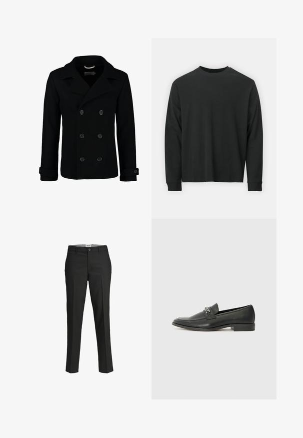 Crni dvoredni peacoat od vune, s oštrim kragnom, velikim dugmadi i zavrnutim manžetama. Glatka tekstura s krojem prilagođenim tijelu.; Dugi rukav crni majica od pamuka, s okruglim izrezom, slobodnog kroja i rebrastim manžetama. Glatka tekstura bez vidljivih uzoraka.; Crne hlače, krojene u prilagodljivom fitu, glatka tkanina, srednji struk, prednje kopčanje na dugme, dijagonalni džepovi i pregibi duž nogu.; Crna kožna loafer cipela s glatkom finišem, s ušivenim uzorkom i dekorativnim metalnim lancem preko prednjeg dijela. Ravni potplat.