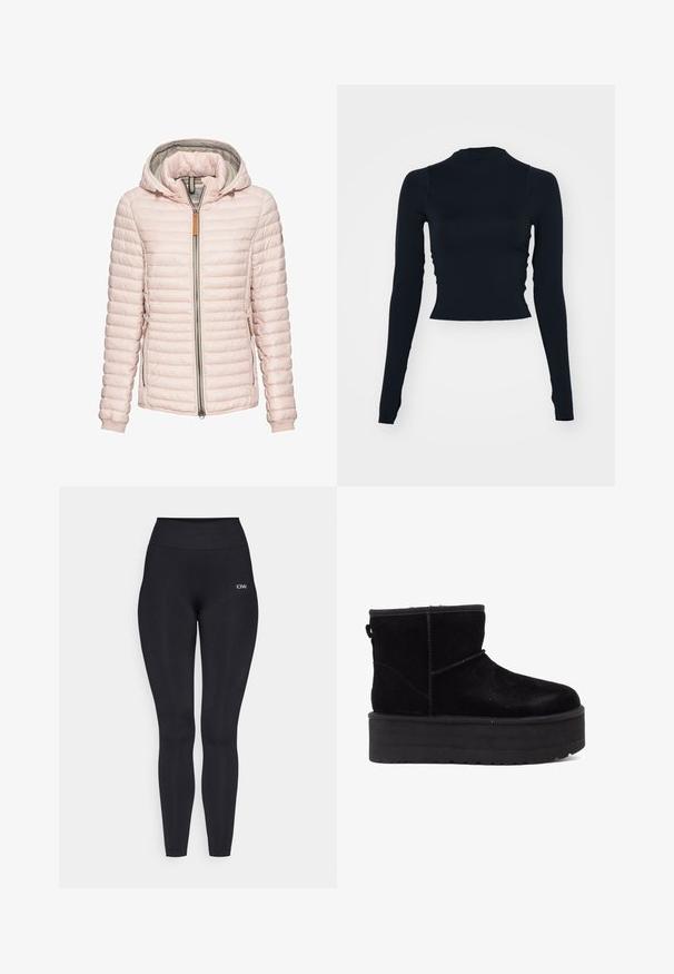 Lichtroze pufferjack met een capuchon, met horizontale stiksels, een ritssluiting aan de voorkant en twee zijzakken. Zachte textuur.; Zwarte, lange mouwen cropped top met een hoge halslijn. Gemaakt van gladde, aansluitende stof zonder zichtbare patronen of accenten.; Zwarte legging met een hoge tailleband, gemaakt van een gladde, rekbare stof. Bevat een klein logo detail nabij de tailleband.; Zwarte suède enkellaarzen met een dikke platformzool en een zachte voering. Afgewerkt met stikselaccenten en een achterste looplip voor eenvoudig aan- en uittrekken.