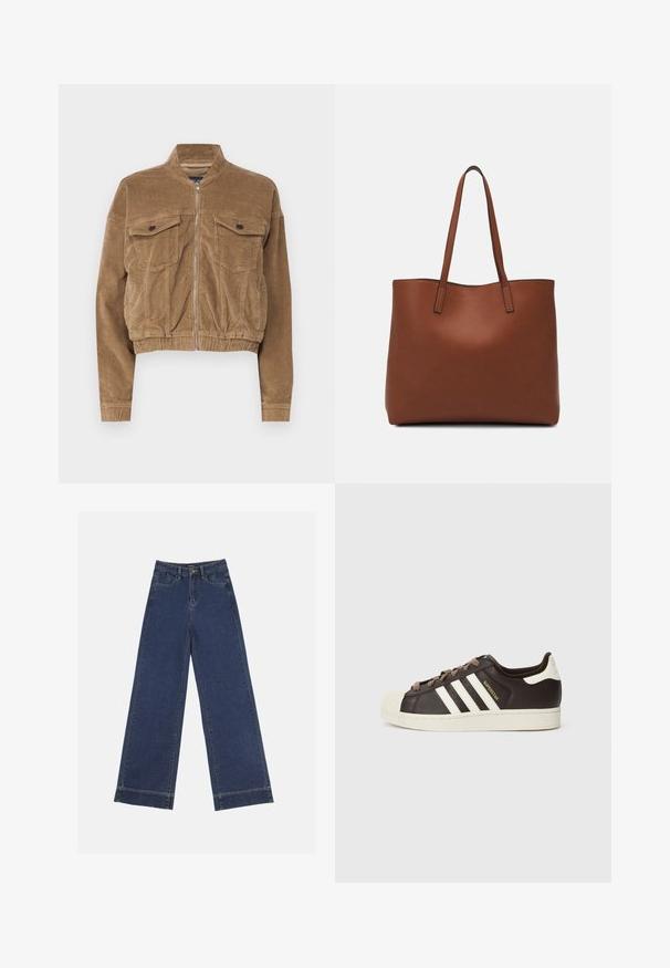 Lyhyeksi leikattu ruskea corduroytakki, jossa on kaksi rintataskua, pystykaulus ja edessä vetoketjusuljenta. Rakenne matala kangas, jossa on näkyvät urat.; Ruskea huppari, joka on valmistettu pehmeästä kankaasta, varustettu suurella hupulla, etutaskulla sekä ribbausreunuksilla hihansuissa ja helmassa. Yksinkertainen, rento muotoilu ilman kuvioita.; Vyötäröltä leveät farkut tummansinisestä denimmateriaalista. Varustettu viidellä taskulla, vyölenkeillä ja näkyvillä sauman yksityiskohdilla. Raaka helma alareunassa.; Matala Adidas Superstar -tennari tummanruskeasta nahasta, jossa on kermahtava kuorikärki, valkoiset raidat ja "Superstar"-teksti sivussa.; Ruskea nahkainen olkalaukku, jossa on sileä pinta, avoin yläosa ja kaksi olkahihnaa. Omaavat vain minimaalisen ompelun eikä näkyvää metalliosaa.