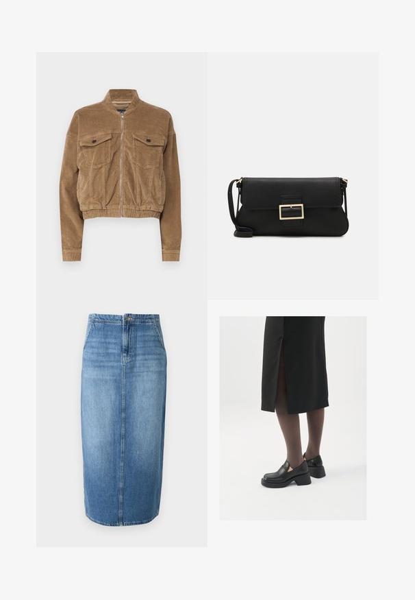 Skračená hnedá kordová bunda s dvoma náprsními vreckami, stojatým golierom a predným zipsom. Textúrovaná tkanina s viditeľným ryhovaním.; JDY JDYDINEA L/S REVERSIBLE - Svetrík - fern; Džínová ceruzková sukňa v svetlomodrej farbe s rovnými líniami, predným zapínaním na gombíky a jemným vyblednutím. Spodok sukne je tesne nad kolenami.; Čierne kožené topánky s okrúhlou špičkou, silným blokovým opätkom a elastickými bočnými akcentmi, skombinované s tmavými pančuchami a čiernou sukňou so štiepením.; Čierna kožená clutch taška s klopou a zlatým kovovým detailom s prackou. Obsahuje čierny remienok a elegantný, minimalistický dizajn.