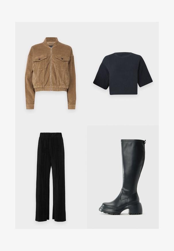 Afgebroken bruine corduroyjas met twee borstzakken, een staande kraag en een ritssluiting aan de voorkant. Gestructureerde stof met zichtbare ribbels.; Donker marineblauw cropped gebreid sweater met ribbeltextuur, korte brede mouwen en een ronde halslijn. Eenvoudig ontwerp, zonder zichtbare patronen of accenten.; Zwarte geplooide broek met een elastische tailleband. Beschikt over wijde pijpen en een glad, gestructureerd stof met verticale strepen.; Hoge zwarte leren laars met een chunky plateauzool en blokhak, voorzien van een trekband en een gestructureerd profiel op de buitenzool.