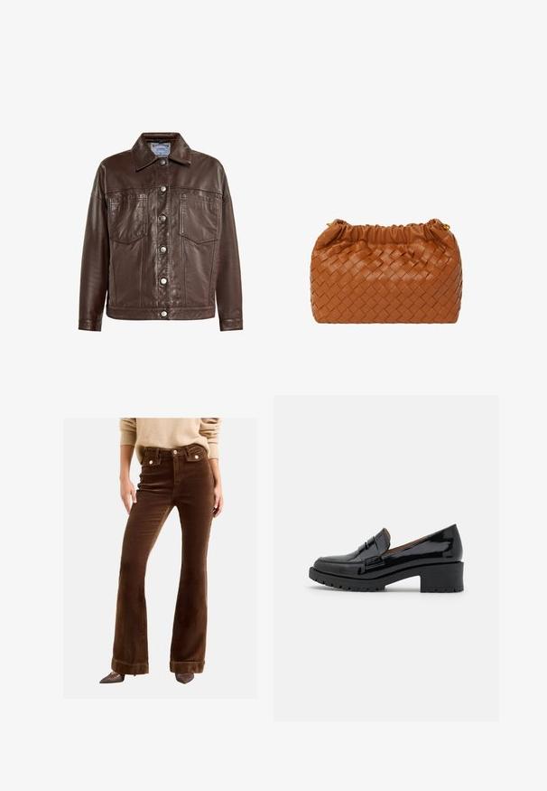 Brązowa skórzana kurtka z kołnierzem, zapięciem na guziki, dwoma przednimi kieszeniami i gładką fakturą. Posiada srebrne guziki oraz detale w postaci przeszyć.; Czerwony sweter w serek z długimi rękawami i luźnym krojem. Wykonany z miękkiego materiału dziewiarskiego, z subtelnymi żebrowanymi akcentami na dolnym brzegu i mankietach.; Brązowe spodnie typu dzwony z kordurowej tkaniny mają wysoki stan, przednie kieszenie oraz akcenty w postaci złotych guzików. Materiał ma miękką, prążkowaną teksturę.; Czarne lakierowane loafersy na niskim, masywnym obcasie, z przodem ozdobionym paskiem i teksturowaną gumową podeszwą dla lepszej przyczepności.; Brązowa pleciona skórzana torebka z zebranym wierzchem i złotymi akcentami. Kompaktowy prostokątny kształt, gładka tekstura oraz pleciony wzór.
