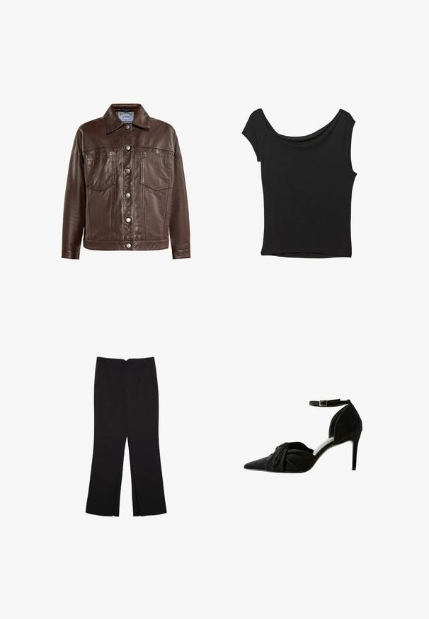 Brun læderjakke med krave, knaplukning, to frontlommer og en glat tekstur. Har sølvfarvede knapper og syninger.; Sort kortærmet top lavet af glat stof; har en draperet halsudskæring og en asymmetrisk kant, med en tætsiddende pasform.; Sorte bukser med lige pasform, der har frontlommer og slidser i kanten. Lavet af blødt, glat stof. Velegnet til forskellige anledninger.; Sort ruskind højhælet sko med spids tå, knyttet detalje foran, ankelrem og en tynd stiletto hæl.