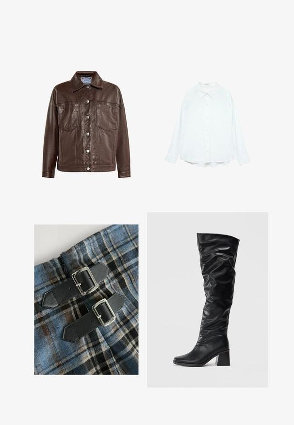 Brun læderjakke med krave, knaplukning, to frontlommer og en glat tekstur. Har sølvfarvede knapper og syninger.; Hvid button-up skjorte med klassisk krave, lange ærmer og afslappet pasform. Blødt stof med glat tekstur, ingen mønstre eller accenter.; Rutmønstret tekstil i blå, brun og sort farve, med to sorte PU-læderremme med sølvspænder i taljen. Lynlåsen er synlig.; Sorte knæhøje støvler lavet af blank læder med et afslappet design, spidse tæer og en kraftig blokhæl. Glat tekstur med subtil glans.