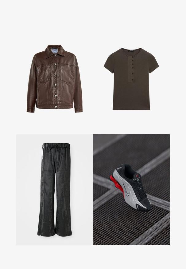 Bruine leren jas met een kraag, knoopsluiting, twee voorzakken en een gladde structuur. Kenmerken zilverkleurige knopen en stikseldetails.; Donkergroene geribbelde T-shirt met korte mouwen, een ronde halslijn en een vijfknopsbies aan de voorkant. Zachte textuur en minimalistisch design.; Zwarte cargo broek gemaakt van glanzende, gestructureerde stof. Heeft een wijd pijpen ontwerp, elastische tailleband met trekkoord en meerdere zijzakken.; Zwarte en grijze sportieve schoen met een rode dempende zool, zwarte veters en een swoosh-logo, rustend op een metalen rasteroppervlak.
