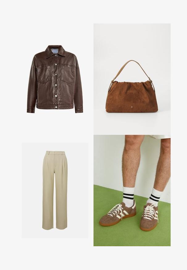 Pruun nahast jakker, millel on krae, nööbikinnitus, kaks eesmist taskut ja sile tekstuur. Soodustab hõbedase tooni nööpe ja õmblusetükke.; Valge pika varrukaga särk, mis on valmistatud ribakangast, ümaral kaelusel ja keha lähedal disainiga. Mustreid ega aksessuaare ei ole nähtaval.; Beezhides laiad püksid, mis on valmistatud siledast kangast, millel on ees pleated, meisterdatud vöökoht ja küljetaskud. Puhtad allääred.; Prune nahkkingad valgete aktsentide ja paeltega. Kummikummist tallad. Kandu valgeid sokke mustade triipudega. Roheline tekstuuriga põrand.; Pruun nubukist käekott, millel on kokku tõmmatud disain, ühesaanvärvilise naha rihmaga ja esiküljel peen kuldne logo detail.