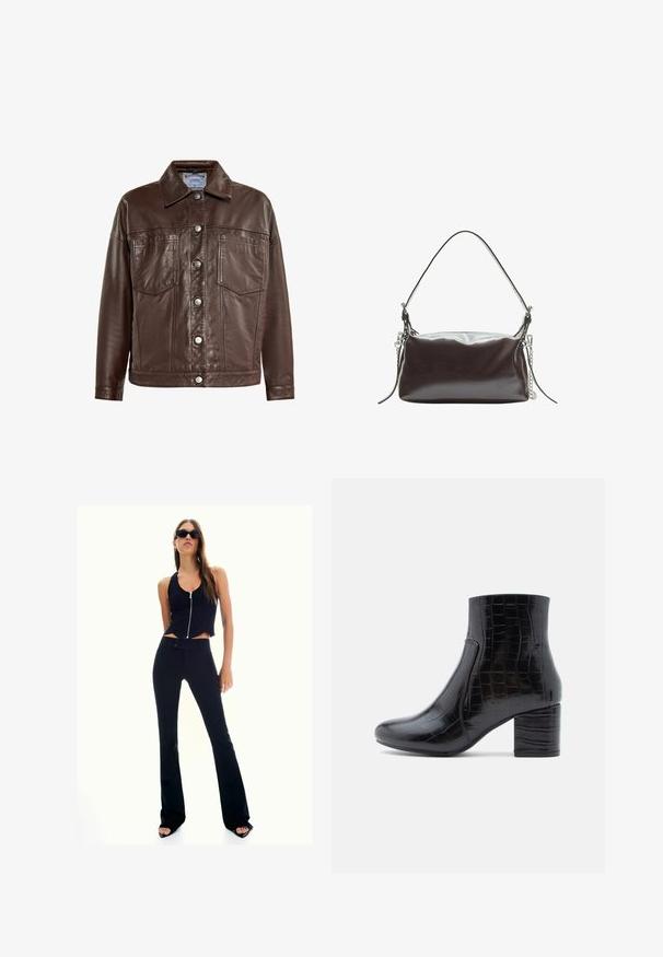 Brązowa skórzana kurtka z kołnierzem, zapięciem na guziki, dwoma przednimi kieszeniami i gładką fakturą. Posiada srebrne guziki oraz detale w postaci przeszyć.; Długi rękaw, dopasowany top wykonany z ciemnobrązowego materiału. Okrągły dekolt, gładka tekstura i nieco wydłużone rękawy bez mankietów.; Czarny krótki top na ramiączkach z zamkiem błyskawicznym z przodu, w połączeniu z czarnymi spodniami dzwonami o wysokim stanie. Modelka nosi ciemne okulary przeciwsłoneczne i sandały na obcasie.; Czarny botek na kostkę wykonany z połyskującej skóry z tłoczeniem imitującym krokodyla. Posiada zaokrąglony nosek i masywny blokowy obcas. Gładka faktura i elegancki design.; Brązowa torebka z lakierowanej skóry o prostokątnym kształcie, z pojedynczym uchwytem i srebrnym łańcuszkiem po jednej stronie.
