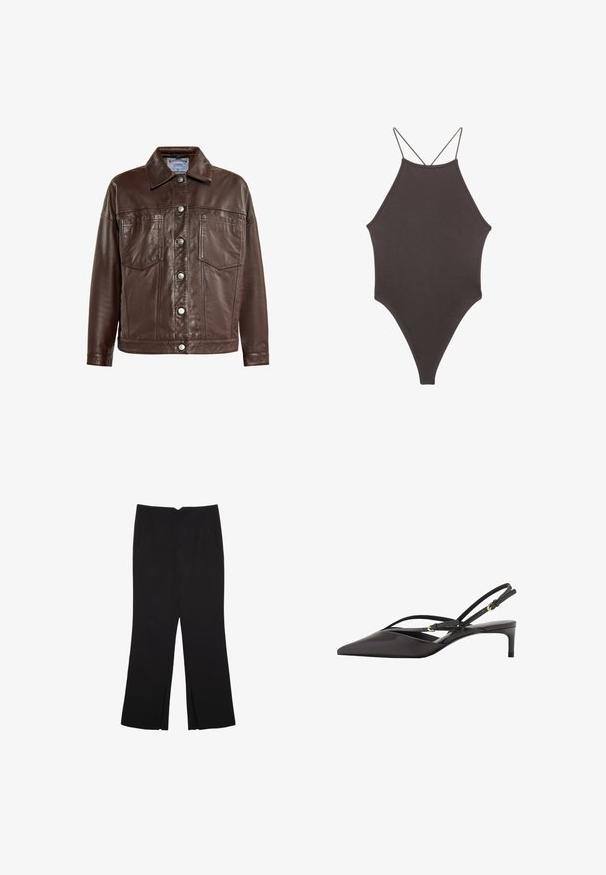 Bruine leren jas met een kraag, knoopsluiting, twee voorzakken en een gladde structuur. Kenmerken zilverkleurige knopen en stikseldetails.; Bruine, hoge hals ééndelige zwempak met dunne, verstelbare schouderbandjes; beschikt over een hoge beenuitsnijding en een gladde textuur. Geen patronen of versieringen.; Zwarte broek met een rechte pasvorm, voorzien van zijzakken en plooien aan de onderzijde. Gemaakt van zachte, gladde stof. Geschikt voor verschillende gelegenheden.; Zwarte leren slingback pump met een spitse neus, slanke enkelbandjes en een lage stilettohak. Gladde textuur met een minimalistisch ontwerp.