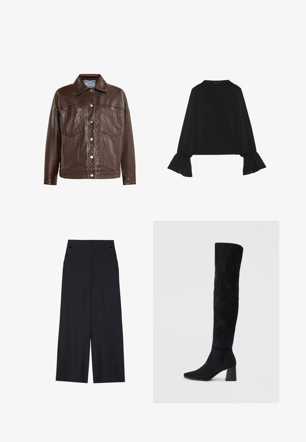 Brown leather jacket with a collar, button closure, two front pockets, and a smooth texture. Features silver-tone buttons and stitching details.; Black long-sleeve top featuring flared cuffs, soft texture, and a relaxed fit, with a simple round neckline.; Wide-leg trousers in dark navy fabric, featuring a smooth texture, front pleats, and decorative gold-tone eyelets on the side pockets.; Black suede knee-high boot with block heel, pointed toe, and smooth, seamless design on a plain light background.