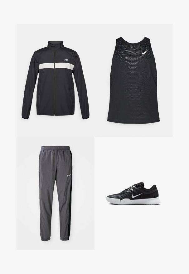 Jachetă impermeabilă neagră cu fermoar frontal, guler înalt și o bandă orizontală albă pe piept. Prezintă logo-ul New Balance.; Tricou sport negru din material elastic, cu textură perforată și decolteu rotunjit. Are un logo Nike alb pe piept.; Pantaloni de trening Nike, realizați dintr-un material ușor, de culoare gri închis, cu panouri laterale negre. Prezintă un elastic la talie și un logo reflectorizant.; Pantof sport negru cu un superior texturat, swoosh alb Nike și o tălpică din cauciuc alb. Dispune de un design cu șireturi și o formă dinamică.