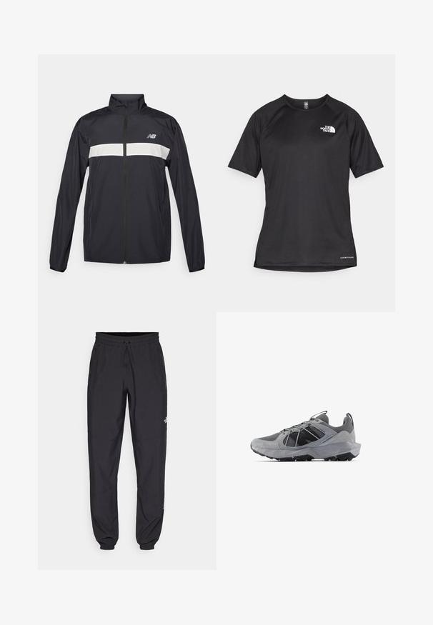 Svart vindjacka med framdragkedja, hög krage och en vit horisontell rand tvärs över bröstet. Har New Balance-logotypen.; Svart kortärmad träningsskjorta i strukturerad tyg, med en vit logotyp på vänster bröst och rak fåll.; Svarta träningsbyxor tillverkade av lättviktsmaterial, med dragsko i midjan, sidofickor och avsmalnande muddar vid anklarna.; Grå sportskor med ovandel i mesh, texturerade detaljer, en robust sula och ett snörningssystem. Har en svart logotyp på sidan.
