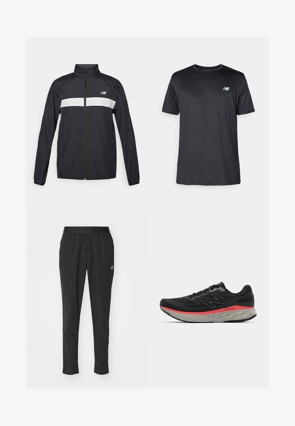 Veste coupe-vent noire avec une fermeture éclair à l'avant, un col haut et une bande horizontale blanche sur la poitrine. Présente le logo New Balance.; New Balance T-shirt de sport - black; Pantalons de sport noirs en matériau léger avec une taille élastique, un design fuselé et un logo discret sur le côté.; Baskets de course noires avec tige en mesh, rehaussées par une rayure rose sur la semelle intermédiaire et une semelle extérieure grise. Comprend des détails texturés et un design de semelle flexible.