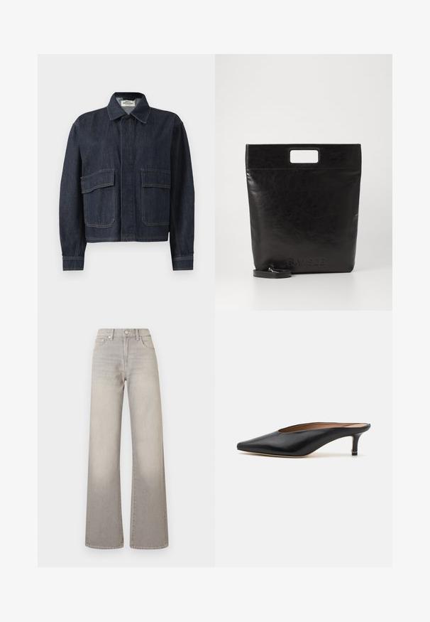 Veste en denim bleu foncé avec un col pointu, des boutons avant dissimulés et deux grandes poches à rabat à l'avant.; Pull en laine noir à manches longues et col roulé, avec une coupe décontractée, présenté sur un fond blanc uni.; Jean large gris avec une finition délavée, fermeture à bouton, design à cinq poches et coutures conçues le long des coutures.; Mules en cuir noir avec un bout pointu et un petit talon carré. Texture lisse avec un design épuré. Dos ouvert avec un minimum de détails.; Sac fourre-tout en cuir noir avec une poignée carrée, arborant une finition texturée et un logo en relief. Comprend une bandoulière amovible.