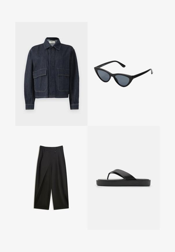 Veste en denim bleu foncé avec un col pointu, des boutons avant dissimulés et deux grandes poches à rabat à l'avant.; Tissu avec des pois noirs sur un fond beige clair. Le design présente des cercles pleins, espacés uniformément, sur une texture lisse.; Pantalons noirs à jambe large en tissu lisse. Comprend un pli avant, une fermeture à bouton et une taille ajustée pour un ajustement épuré.; Sandales en plastique noires avec une sangle supérieure lisse et une semelle plateforme texturée. Design minimaliste avec une silhouette discrète.; Lunettes de soleil noires en forme d'œil de chat avec des verres gris foncé, monture en plastique élégante, coins pointus et branches droites. Pas de métal visible ni d'accents.; Sac en paille tissé naturel avec une surface texturée, un grand dessus ouvert, une forme courbée et une anse en cuir foncé. Présente un accent noir à la base.