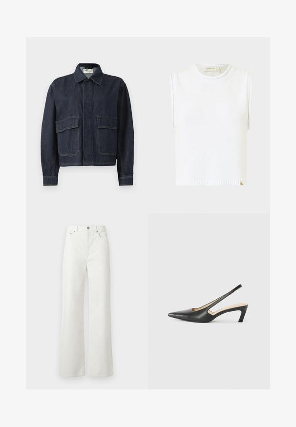 Veste en denim bleu foncé avec un col pointu, des boutons avant dissimulés et deux grandes poches à rabat à l'avant.; Haut en tricot sans manches blanc avec un col rond, ourlet côtelé et détails de couture sur les côtés ; présente une petite étiquette de marque en bas.; Samsøe Samsøe SHELLY - Jean boyfriend - clear cream; Slingback noir à bout pointu avec un petit talon, en cuir lisse et doté d'un design découpé sur le côté pour plus de respirabilité.