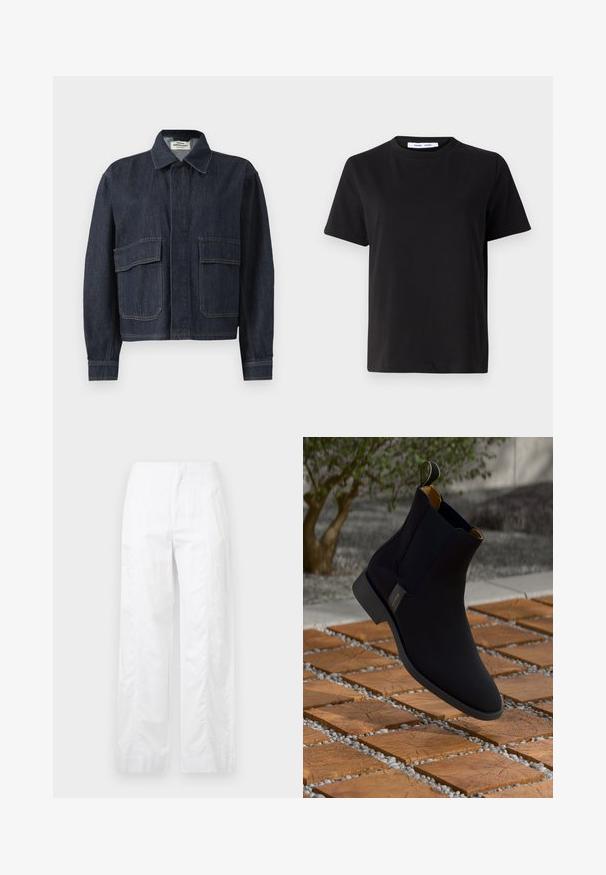 Tume sinine teksajakk, millel on terav krae, peidetud esipainikud ja kaks suurt klapiga taskut ees.; Must have lühikeste varrukatega t-särk, mis on valmistatud pehmest puuvillast, ümmarguse kaelusega, lõdva sobivusega ja sileda tekstuuriga. Ei ole nähtavaid mustreid ega graafikat.; Valged laiad püksid, mis on valmistatud kergetest materjalidest, omades siledat tekstuuri, puhtaid jooni ja kõrget vöökohta.; Musta nahast pahkluu saabas sileda viimistlusega, kollane sisetald ja tõmblas; paigutatud tekstuurse puidu ja kruusakatte taustale.