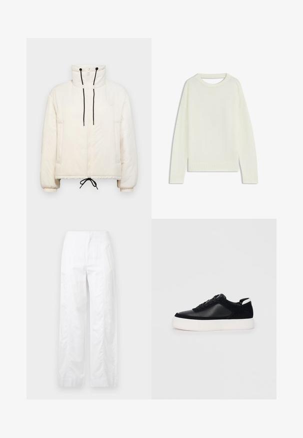 Giacca a vento in crema con colletto alto, chiusura con zip, lacci neri e polsini elastici. Presenta tasche laterali e una forma boxy.; Maglione color crema chiaro con collo tondo, maniche lunghe, orlo a costine e una consistenza morbida. Nessun motivo o dettagli hardware visibili.; Pantaloni bianchi a gamba larga realizzati in tessuto leggero, con una texture liscia, linee pulite e un design a vita alta.; Sneaker nera con pannelli in pelle liscia e suede, lacci piatti, punta arrotondata e suola in gomma bianca. Logo distintivo sul tallone.
