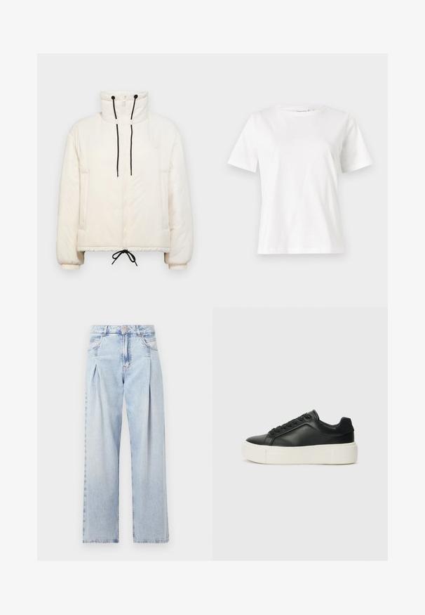 Kremveida pūkainā jaka ar augstu apkakli, rāvējslēdzēja aizdari, melnām pievilkšanas auklām un elastīgām aprocēm. Iekļauj sānu kabatas un ir kastveida forma.; Baltas kokvilnas T-krekls ar īsām piedurknēm, apaļu kakla izgriezumu un brīvu piegriezumu. Gluda tekstūra, bez rakstiem vai akcentiem, minimālistisks dizains.; Gaiši zilas džinsu bikses ar augstu jostasvietu, plats kāju griezumu, divām sānu kabatām un krokotā dizaina akcentiem. Mīksta tekstūra ar izdilušu apdari.; Melnas ādas kedas ar noapaļotu pirkstu, baltu platformas zoli un melnām auklām. Iespējams, satur diskrētu logo uz papēža un gludu tekstūru.