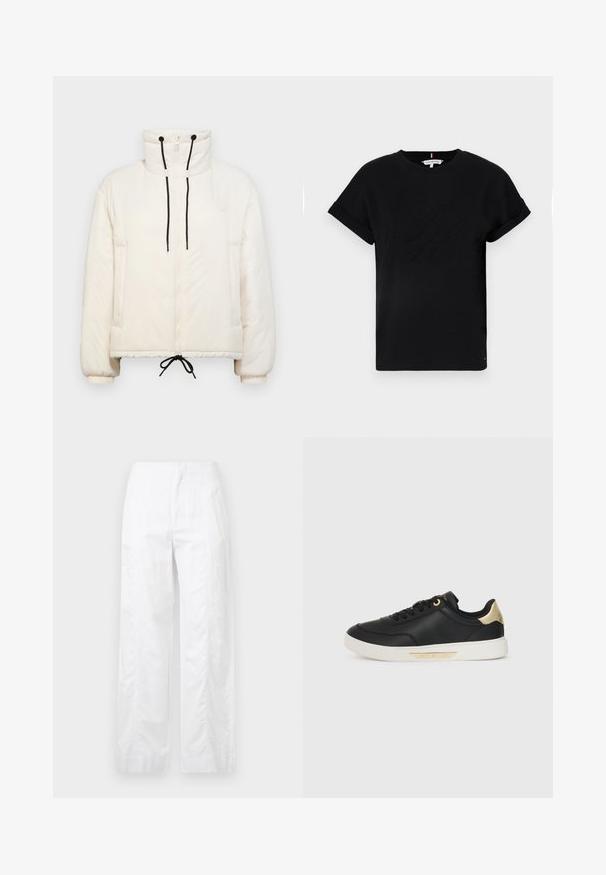 Doudoune crème avec un col montant, fermeture éclair, cordons de serrage noirs et poignets élastiques. Dispose de poches latérales et d'une coupe ample.; T-shirt en coton noir avec des manches courtes roulées, ornée d'un logo en relief au centre et d'un petit accent drapeau sur le côté.; Pantalons larges blancs en tissu léger, présentant une texture lisse, des lignes épurées et une taille haute.; Baskets en cuir noir avec une texture lisse, semelle en caoutchouc blanche, accents dorés sur le talon et les œillets, arborant un logo sur le côté.