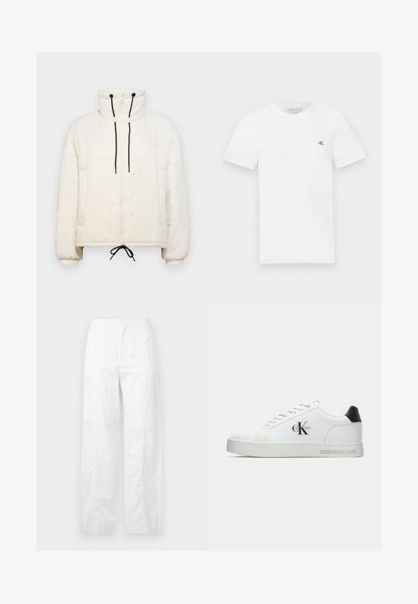Kremveida pūkainā jaka ar augstu apkakli, rāvējslēdzēja aizdari, melnām pievilkšanas auklām un elastīgām aprocēm. Iekļauj sānu kabatas un ir kastveida forma.; Balts kokvilnas T-krekls ar īsām piedurknēm un apaļu kakla izgriezumu. Uz kreisās krūtis ir neliels melns "ck" logo. Gluda tekstūra.; Baltas, plaša kāju bikses, izgatavotas no viegla auduma, ar gludu tekstūru, tīrām līnijām un augstu jostasvietu.; Baltas ādas sporta kurpes ar apaļu purngalu, plakanu zoli un melnu papēža akcentu. Ir Calvin Klein logo melnā krāsā uz sānu un iegravēts zīmola nosaukums.
