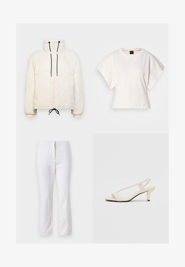 Geacă puf într-o nuanță crem cu guler înalt, închidere cu fermoar, șnururi negre și manșete elastice. Include buzunare laterale și are o formă pătrată.; Tricou alb scurt, cu mâneci scurte și largi, din bumbac moale, cu decolteu rotund și un finisaj subtil portocaliu, design minimalist, fără modele sau grafice.; Pantaloni din bumbac alb, cu un design drept, având talie medie și fără hardware sau modele vizibile. Textură uniformă pe întreaga suprafață.; Sandale bej cu toc bloc, cu bretele subțiri și vârf pătrat. Material neted cu detalii minime, concepute pentru a fi ușor de purtat.