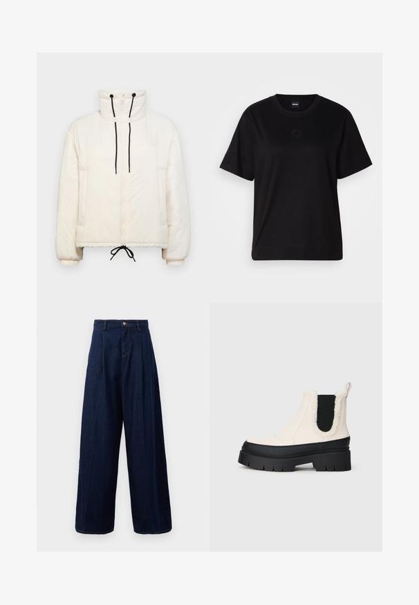 Puffer jacket in cream with a high collar, zip closure, black drawstrings, and elastic cuffs. Features side pockets and a boxy shape.; Black cotton t-shirt with a crew neckline, short sleeves, and an embroidered logo on the chest. Simple, relaxed fit with no patterns.; Dark blue denim wide-leg trousers with a high waist, pleated front, and classic button closure, featuring side pockets and contrasting stitching.; Chunky platform ankle boots with a white upper, black rubber sole, and contrasting black elastic side panels. Faux fur trim at the top edge.