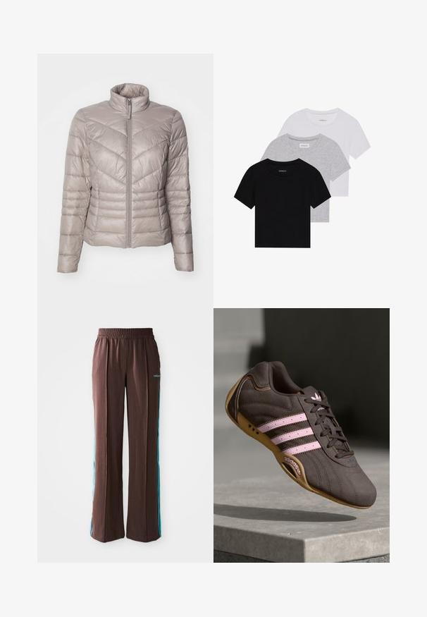 Lightweight, beige puffer jacket with a high collar, front zipper, and horizontal quilted design. Smooth, shiny texture with two side pockets.; Set of three short-sleeve t-shirts in black, gray, and white. Made from cotton, featuring a crew neck and a simple, solid color design.; Brown athletic pants with a ribbed texture, elastic waistband, and turquoise side stripes. Features the adidas logo on the front.; Brown suede athletic shoe with pink stripes and logo, featuring a textured upper, lace closure, and a gum rubber sole.