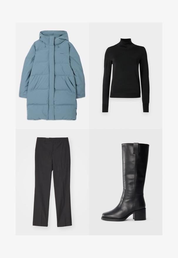 Gaiši zils pūkains mētelis ar kapuci, pilna priekšējā rāvējslēdzēja aizdare, divas sānu kabatas un quilted dizains. Izgatavots no gludas, ūdensnecaurlaidīgas auduma.; Melnas garām piedurknēm turtlenecks džemperis ar ribotām aprocēm un apakšmali, attēlots uz vienkārša balta fona.; Melnas pielāgotas bikses ar taisnu kāju dizainu, ar jostu cilpām un vienmērīgu tekstūru, izgatavotas no viegla auduma.; Melnas ādas augstas līdz ceļgaliem zābaki ar gludu tekstūru, kvadrātveida purngaliem, blokveida papēdi un sānu cilpu, ar minimālām šuvju detaļām.